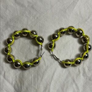 Silver and Neon Yellow Beaded Hoop Earrings